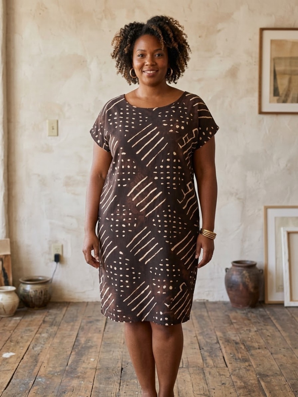 Lauren Ralph Lauren Dress Workwear 1X Brown Geometric Mudcloth Shift Jersey Knit